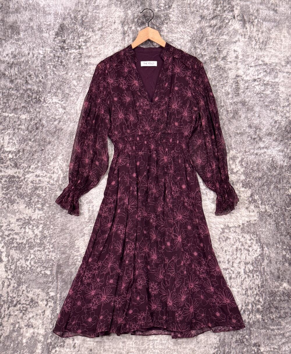 The Fold London Dress 2 Womens Silk Chiffon Floral Smocked Midi